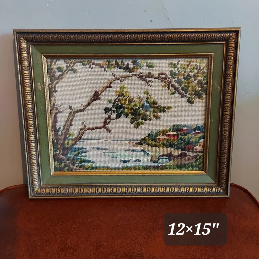 Vintage Needlepoint Coastal Landscape Framed Wall Art 12x15 Green Gold Frame